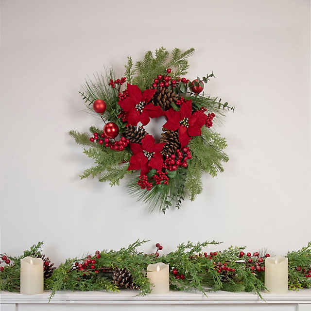 Lit Faux Red Berry Wreath & Garland