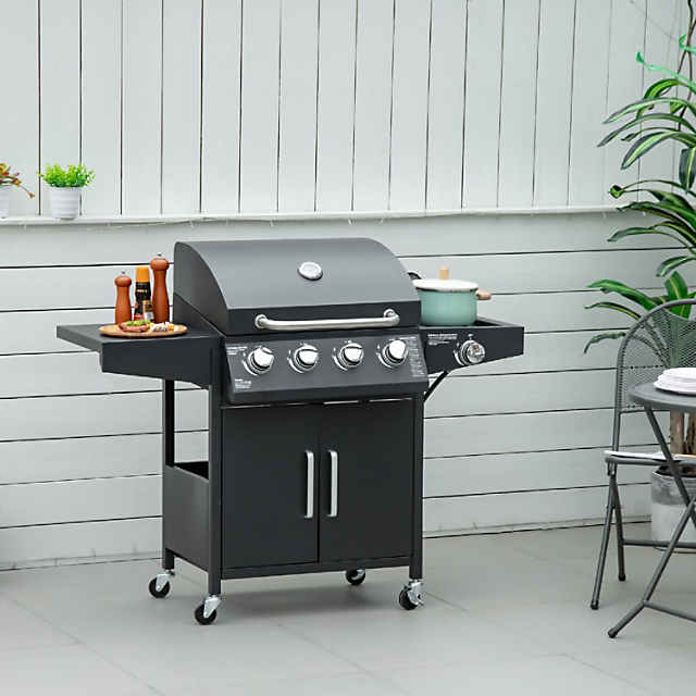 Outsunny 4+1 Burner Liquid Propane Gas Grill Outdoor Cabinet Style BBQ  Trolley w/ Side Burner Warming Rack Side Shelf Storage Cabinet Thermometer  4 Wheels Carbon Steel Black