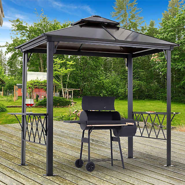 Imperialisme græs bacon Outsunny 9' x 5' Grill Gazebo Hardtop BBQ Canopy with 2 Tier Shelves  Serving Tables for Backyard Patio Lawn