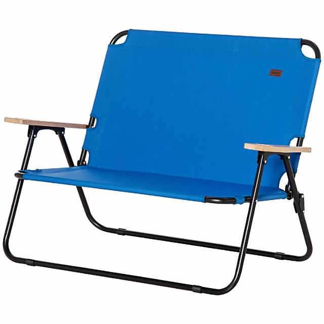 Outsunny Portable Folding Double Camping Chair Cup Holder, Loveseat for 2 Person, Outdoor Chair with Wood Armrest Beach Travel - Blue