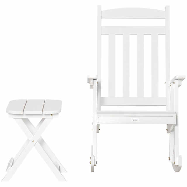 Outsunny Wooden Rocking Chair Set 2 Piece Outdoor Porch Rocker Foldable Table for Patio Backyard and Garden White