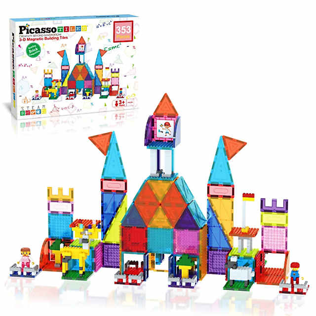 PicassoTiles 353 PC Magnetic Tiles and Brick Compatible, Classic Brick, Building Block Set for Kids 3+