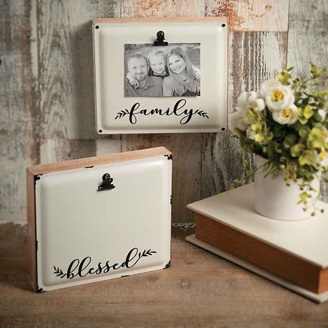 Blessed & Family Photo Clip Tabletop Signs, Party & Gift, Home Decor, 2 Pieces, White