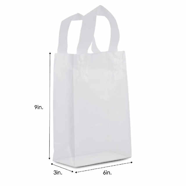 100ct Prime Line Packaging Frosted White Plastic Bags with Handles, Mini Clear Gift Bags 6x3x9 100 Pack