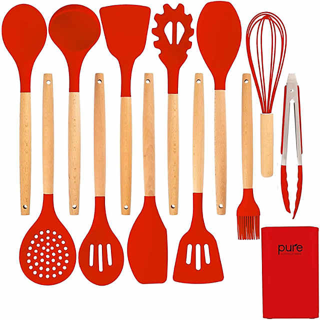 Pure Parker Kitchen Silicone Cooking Utensil 13-Piece Set with Stand Red