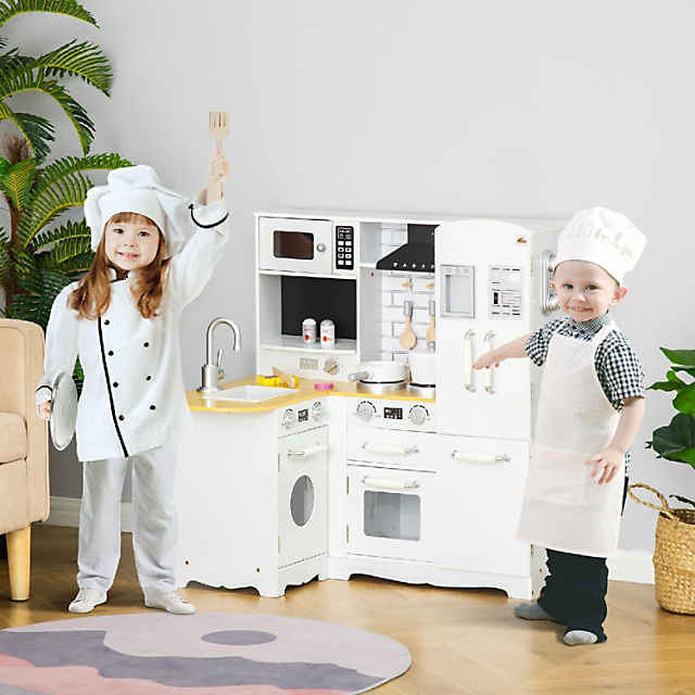 Qaba Kids Kitchen Play Cooking Toy Set for Children with Drinking Fountain, Microwave, & Fridge Plus Accessories - White