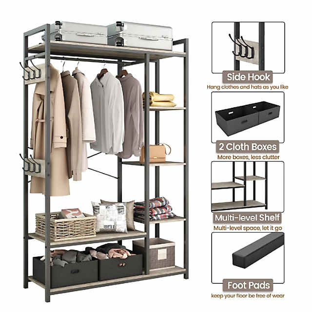Free-standing Closet Organizer, Heavy Duty Clothes Closet, Portable Garment  Rack with 6-tier Shelves and Hanging rod, Black Metal Frame & White Board