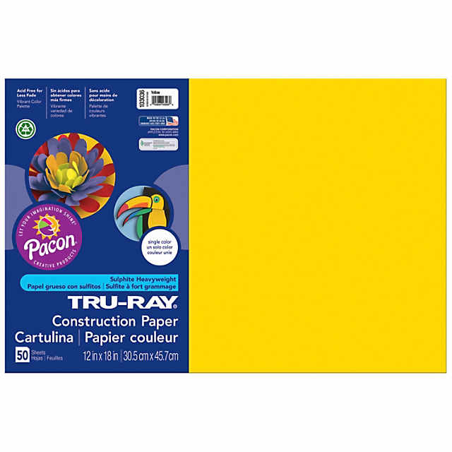 Tru-Ray Construction Paper, Yellow, 12 x 18, 50 Sheets Per Pack, 5 Packs