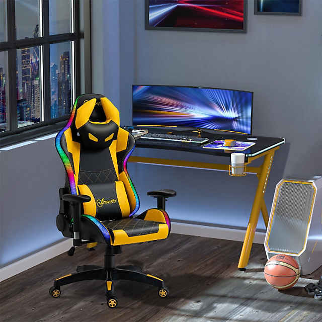 Vinsetto High Back Racing Style Gaming Chair with RGB LED Lights Computer Office  Chair with Head and Lumbar Pillow and Adjustable Armrests Black / Yellow
