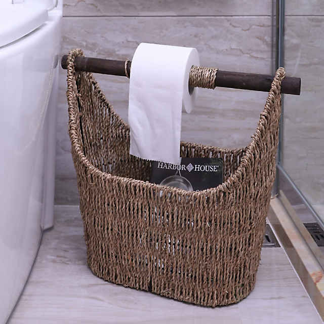 Wickerwise Free Standing Magazine and Toilet Paper Holder Basket with  Wooden Rod