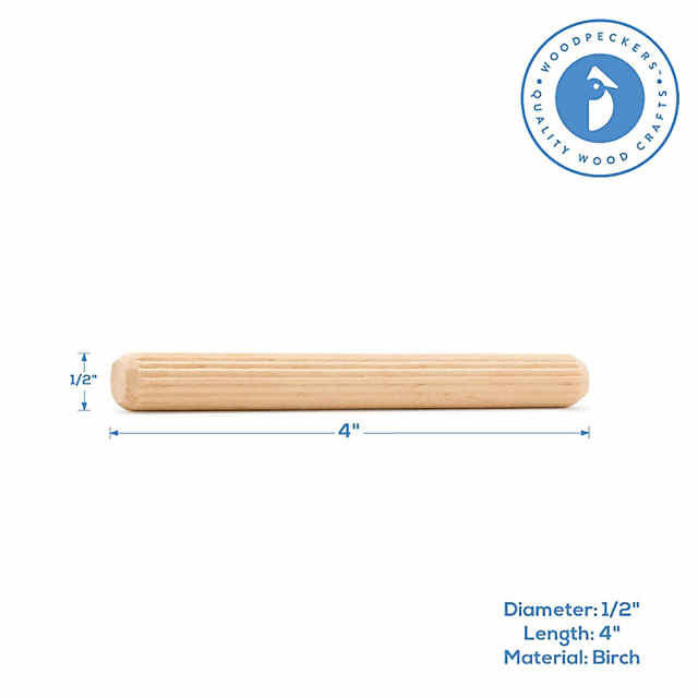 Multi-Groove Dowel Pins 1/2 by 4 Fluted Dowels - Birch (Per 100