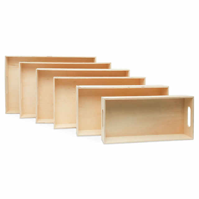 Woodpeckers Crafts, DIY Unfinished Wood Set of 6 Rectangular Trays with Cutout Handles Natural
