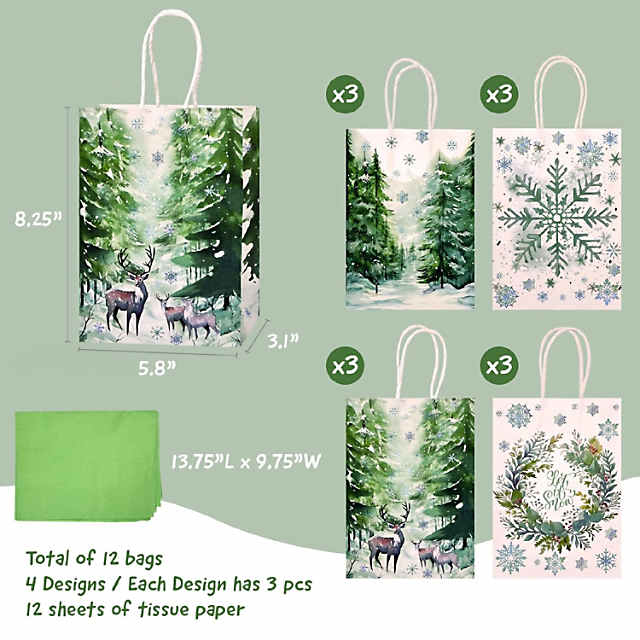 Wrapables 12pc Christmas Kraft Gift Bags with Tissue Paper Green Winterland Oriental Trading