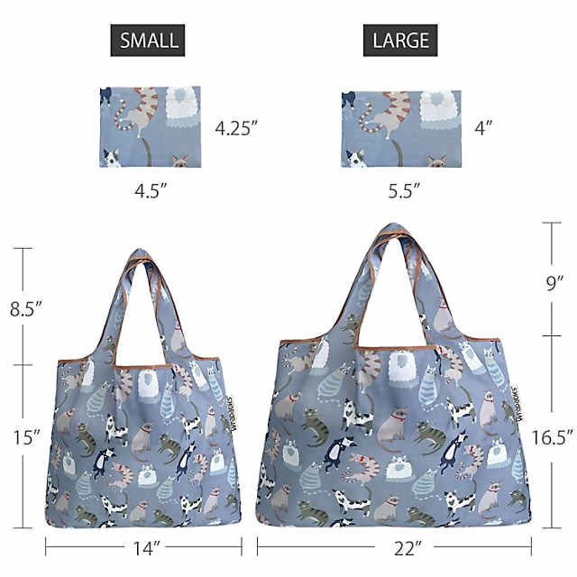 Wrapables Large & Small Foldable Tote Nylon Reusable Grocery Bags, Set of 2 Cool Felines