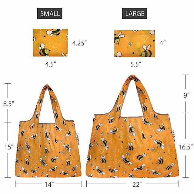 Wrapables Large & Small Foldable Tote Nylon Reusable Grocery Bags, Set of 2, Yellow Bees