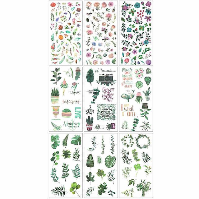 Wrapables Washi Stickers Sets for Scrapbooking, DIY Crafts for Stationery, Diary, Card Making (9 Sheets) Leaves and Flowers