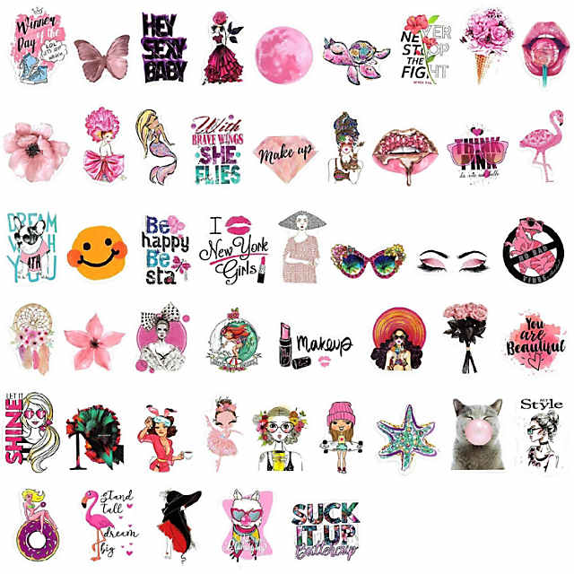 Wrapables Waterproof Vinyl Stickers for Water Bottles, Laptop, Phones, Skateboards, Decals for Teens 100pcs Pink Party
