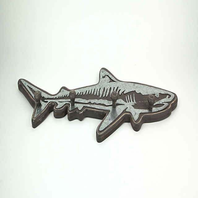 Zeckos 33 inch Distressed Wood Shark Wall Hook Rack with Metal Accents Decorative Ocean Art Sculpture