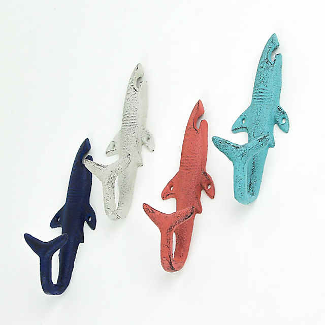 Zeckos Set of 4 Cast Iron Coastal Shark Tail Wall Hooks Decorative