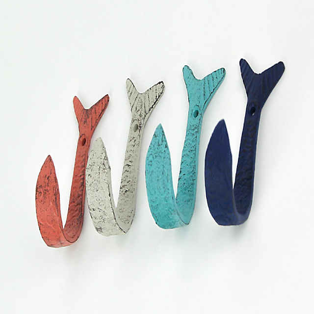 Zeckos Set of 4 Cast Iron Flipping Fish Decorative Wall Hooks