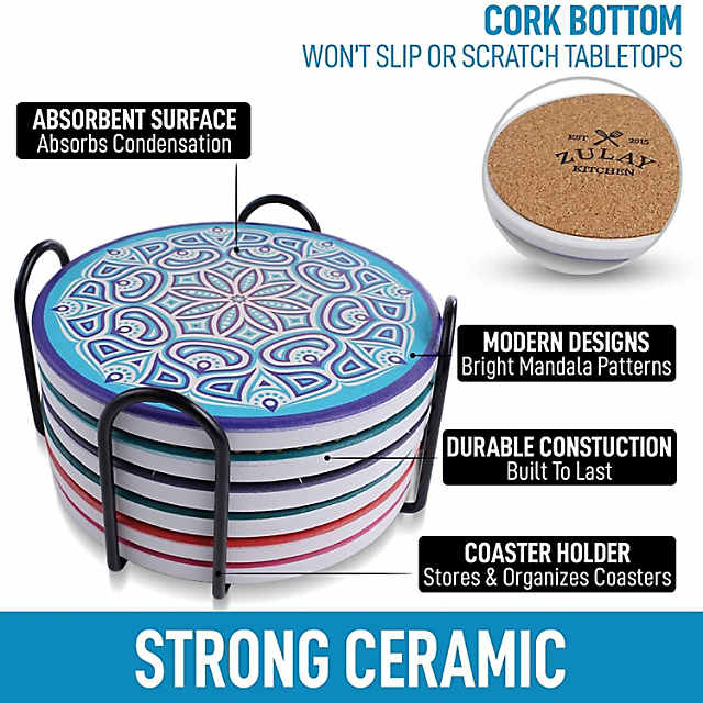 Coasters/Accessories Cork Round Coaster with Holder, 6pc Set Celebration