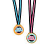 1 1/2" Happy Birthday Plastic Medals with Blue & Pink Ribbon - 12 Pc. Image 1