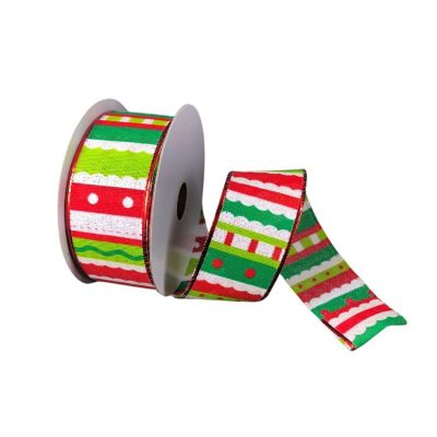1.5" Whimsy Stripe Ribbon: Lime, Red, White (10 Yards) Image 1