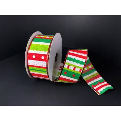 1.5" Whimsy Stripe Ribbon: Lime, Red, White (10 Yards) Image 1