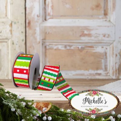 1.5" Whimsy Stripe Ribbon: Lime, Red, White (10 Yards) Image 2