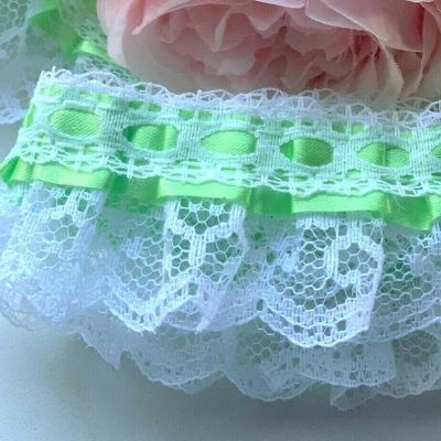 1" x 50 Yards Mint Ruffled Lace Trim Image 1