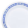 10.25" White with Blue and Silver Royal Rim Plastic Dinner Plates (40 Plates) Image 1