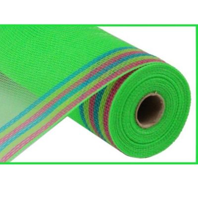 10&quot; Border Stripe Mesh Ribbon: Lime, Hot Pink, Fresh Green, Turquoise Image 1