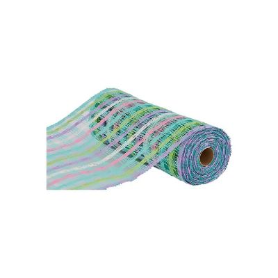 10" Plaid Poly Burlap Mesh Ribbon: Mint/White/Pink Image 1