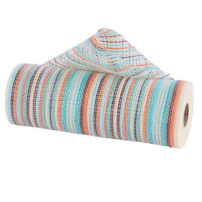 10" Vertical Multicolor Stripe Mesh Ribbon, Blue/Orange/Teal, 10 Yards Image 1