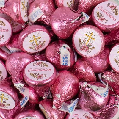 100 Pcs Girl First Holy Communion Candy Party Favors Milk Chocolate Hershey's Kisses with Stickers - Pink Image 1