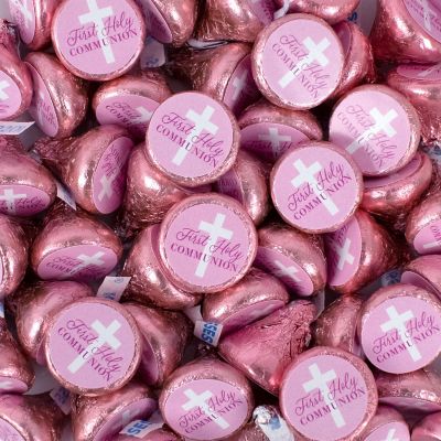 100 Pcs Girl First Holy Communion Candy Pink Hershey's Kisses Milk Chocolate (1lb, Approx. 100 Pcs)  - By Just Candy Image 1