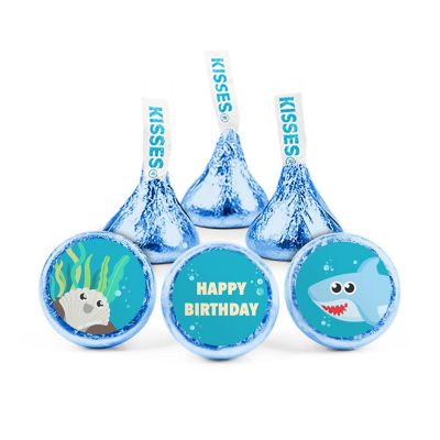 100ct Boy Shark Birthday Candy Party Favors Hershey's Kisses Milk Chocolate (100 Candies + 1 Sheet Stickers) - Assembly Required - by Just Candy Image 1