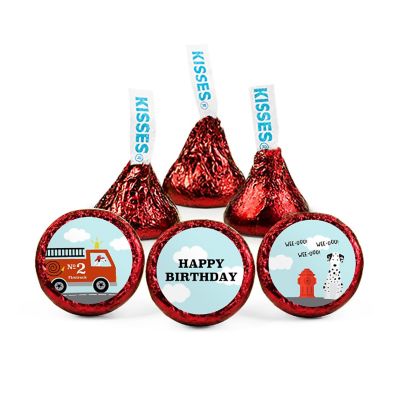 100ct Fire Truck Birthday Candy Party Favors Hershey's Kisses Milk Chocolate (100 Candies + 1 Sheet Stickers) - Assembly Required - by Just Candy Image 1