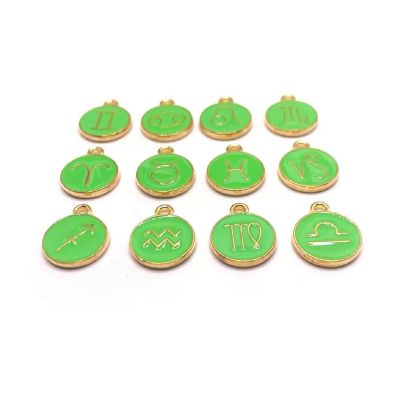 12 Pcs Light Green Round Zodiac Charms Image 1