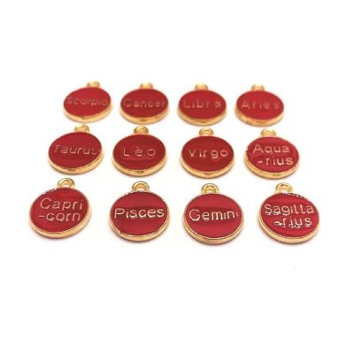 12 Pcs Red Round Zodiac Charms Image 1