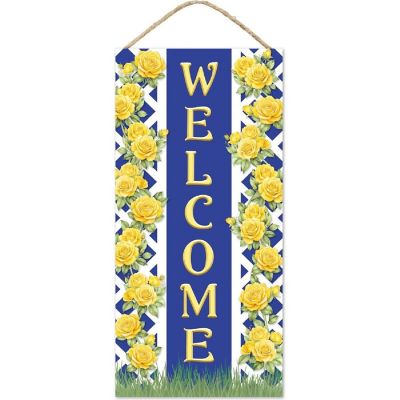 12" Welcome Blue Yellow Trellis Rose Sign Image 1