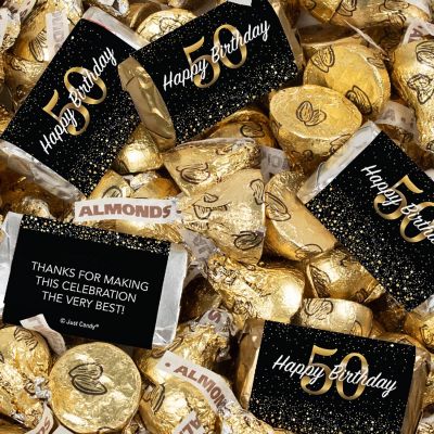 131 Pcs 50th Birthday Candy Party Favors Miniatures & Gold Almond Kisses (1.65 lbs) Image 1