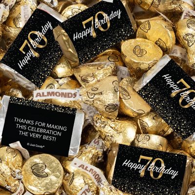 131 Pcs 70th Birthday Candy Party Favors Miniatures & Gold Almond Kisses (1.65 lbs) Image 1