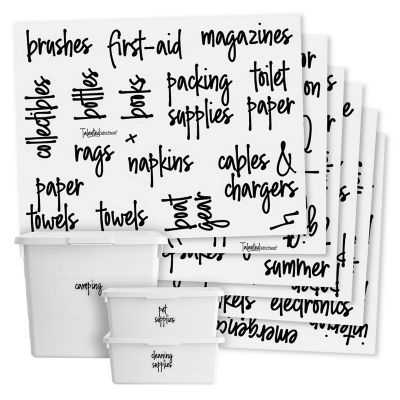 136 Garage Storage Labels for Plastic Containers, Preprinted Black Script on Clear Stickers for Organizing Bins Image 1