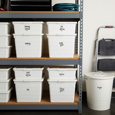 136 Garage Storage Labels for Plastic Containers, Preprinted Black Script on Clear Stickers for Organizing Bins Image 1