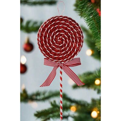 14" Glitter Lollipop Bow Pick: Red &amp; White Image 1