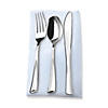 140 Pc. Silver Plastic Cutlery in White Pocket Napkin Set - Napkins, Forks, Knives, and Spoons (35 Guests) Image 1
