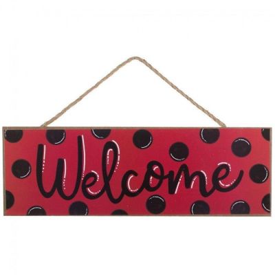 15" Wooden Sign: Welcome Red, Black Dots Image 1