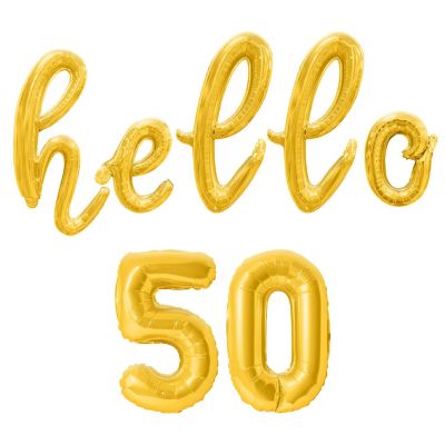 16 Inch Cursive Gold HELLO 50 Letter Balloon Banner Image 1