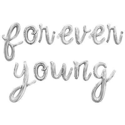 16 Inch Cursive Silver FOREVER YOUNG Letter Balloon Banner Image 1